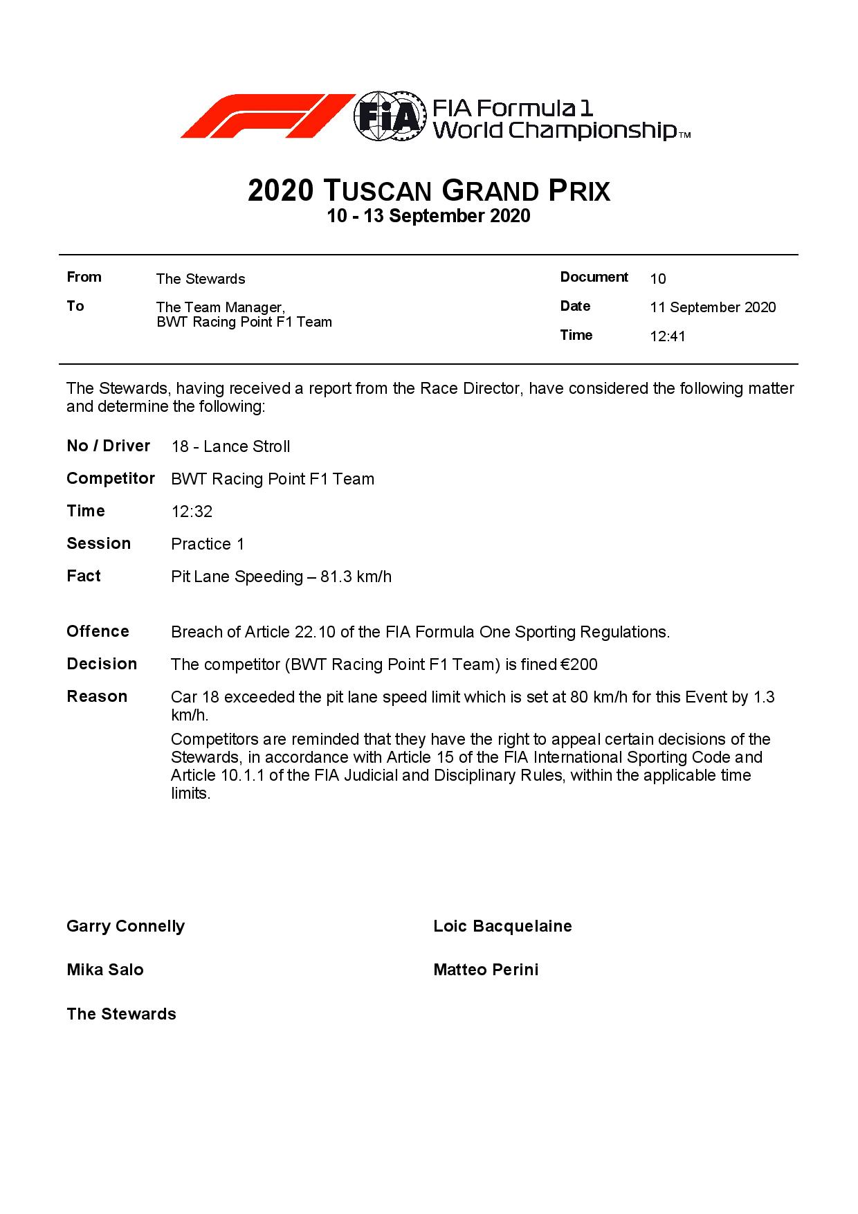 F1 - Officiel : L'équipe Racing Point à l'amende au GP de Toscane