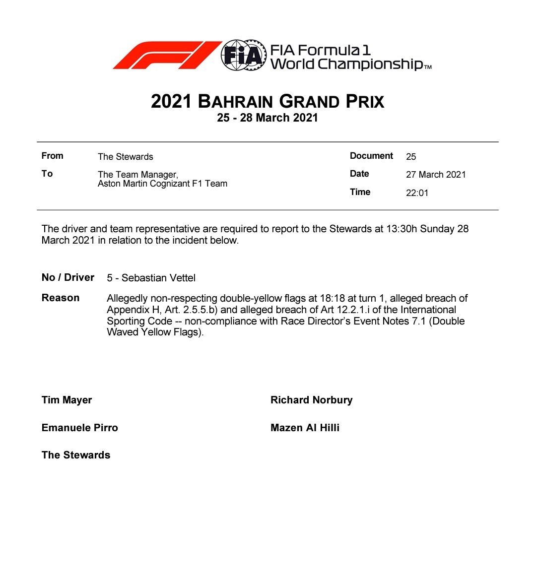 F1 - Officiel : Vettel convoqué chez les commissaires ce dimanche à Bahreïn [MAJ]