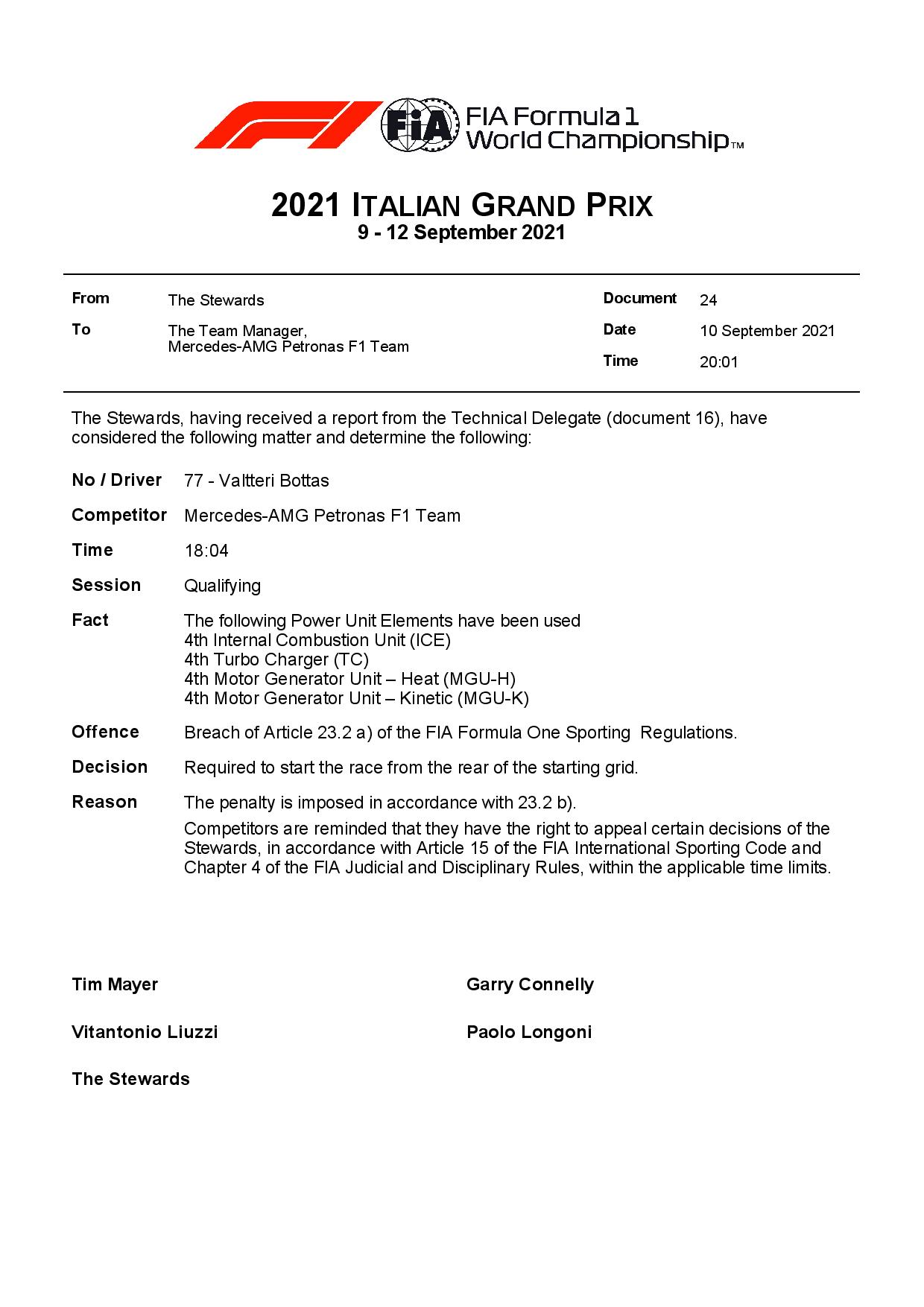 F1 - Officiel : Bottas s'élancera du fond de la grille dimanche à Monza