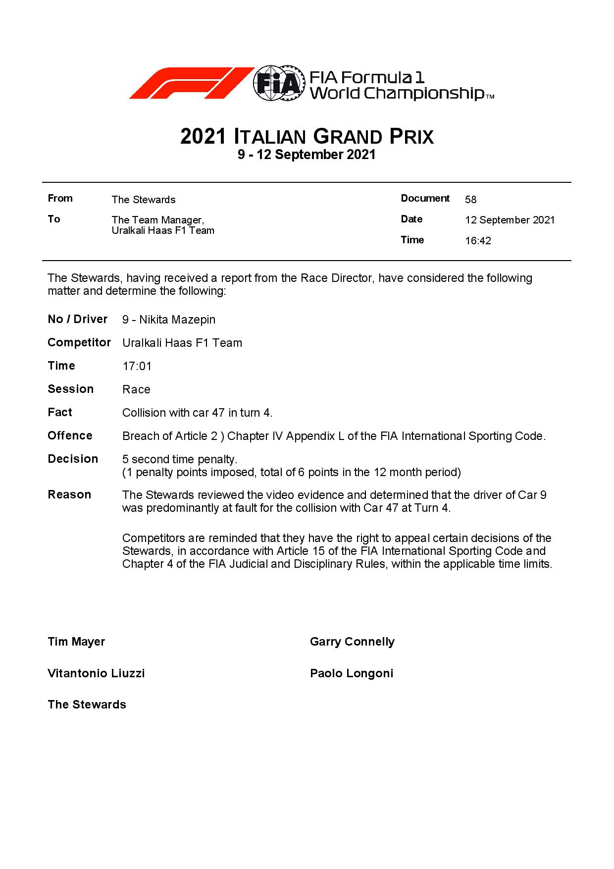 F1 - Officiel : Nikita Mazepin doublement pénalisé au Grand Prix d'Italie