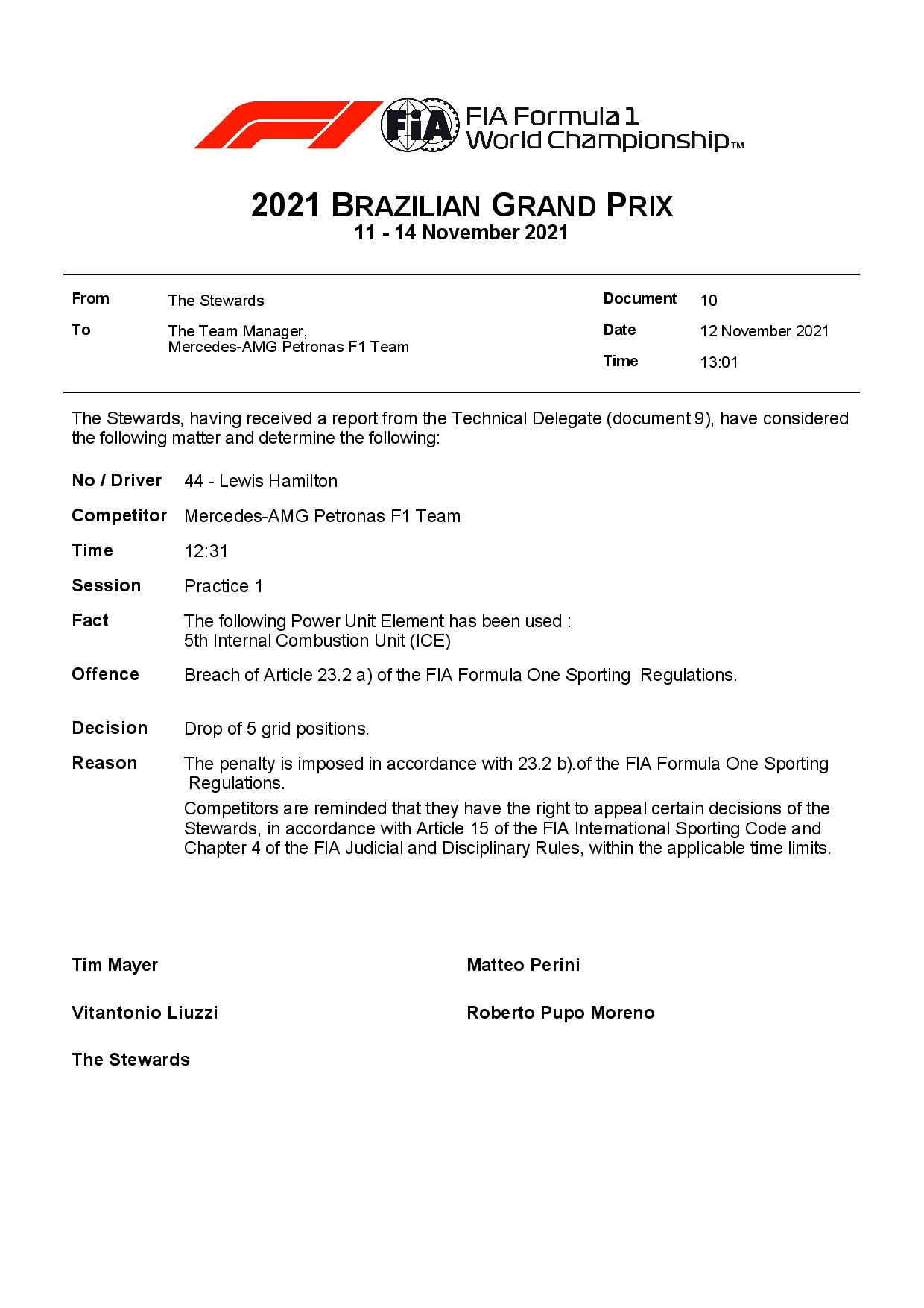 F1 - Hamilton pénalisé sur la grille de départ au Brésil