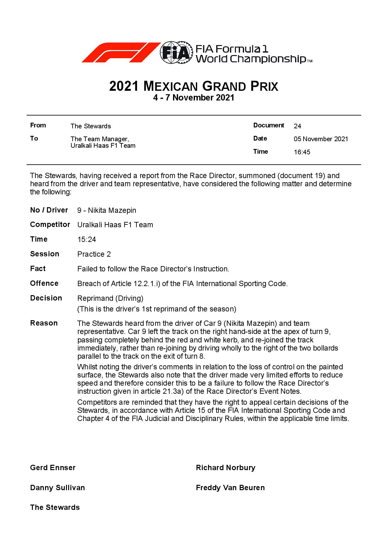 F1 - Nikita Mazepin réprimandé au GP du Mexique