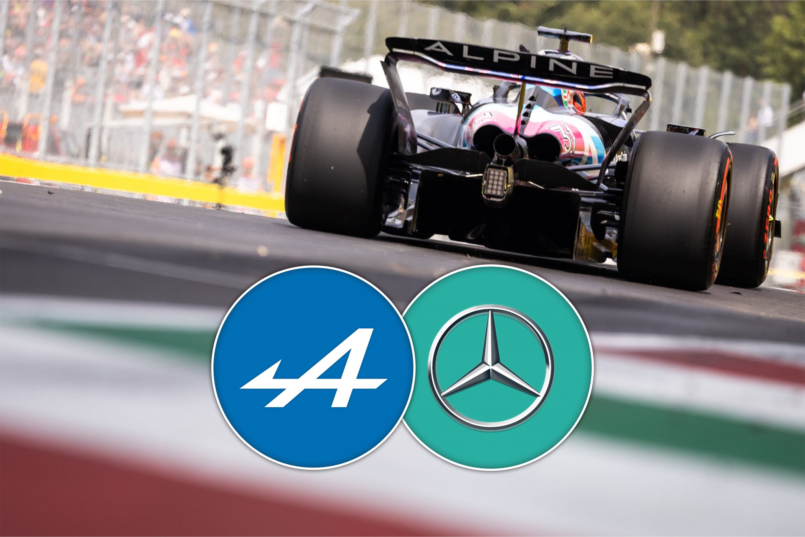 Vue sur le moteur de l'Alpine d'Esteban Ocon avec les logos Alpine et Mercedes - ©️ Alpine (photo) / F1only (montage)