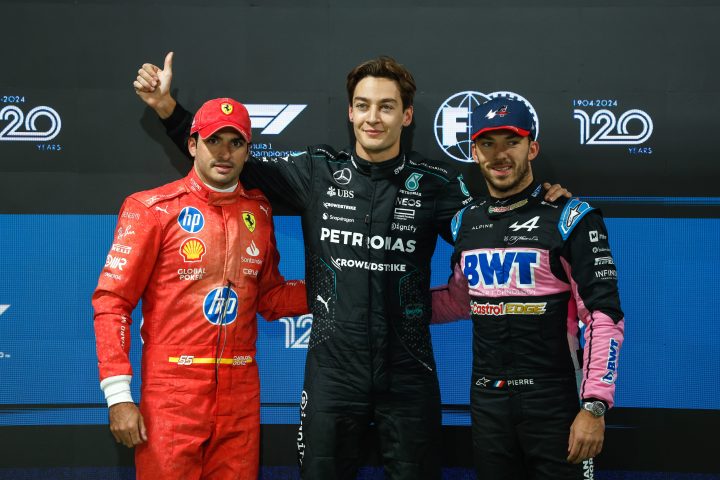 Le top 3 des Qualifications du Grand Prix de Las Vegas 2024. De gauche à droite : Carlos Sainz (Ferrari), George Russell (Mercedes) et Pierre Gasly (Alpine) - ©️ Mercedes