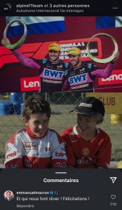 Emmanuel Macron félicite Esteban Ocon et Pierre Gasly sur Instagram après leur podium au Grand Prix du Brésil 2024 - Capture d'écran Instagram @alpinef1team