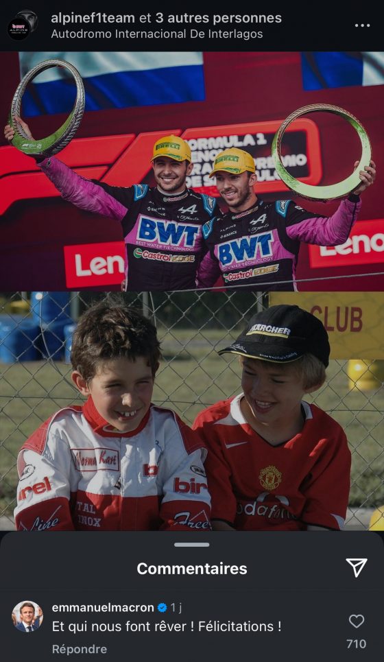 Emmanuel Macron félicite Esteban Ocon et Pierre Gasly sur Instagram après leur podium au Grand Prix du Brésil 2024 - Capture d'écran Instagram @alpinef1team