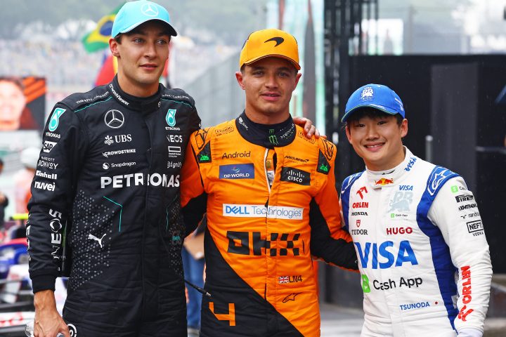 Le top 3 des Qualifications du Grand Prix du Brésil 2024. De gauche à droite : George Russell (Mercedes), Lando Norris (McLaren) et Yuki Tsunoda (VCARB) - ©️ Red Bull Content Pool