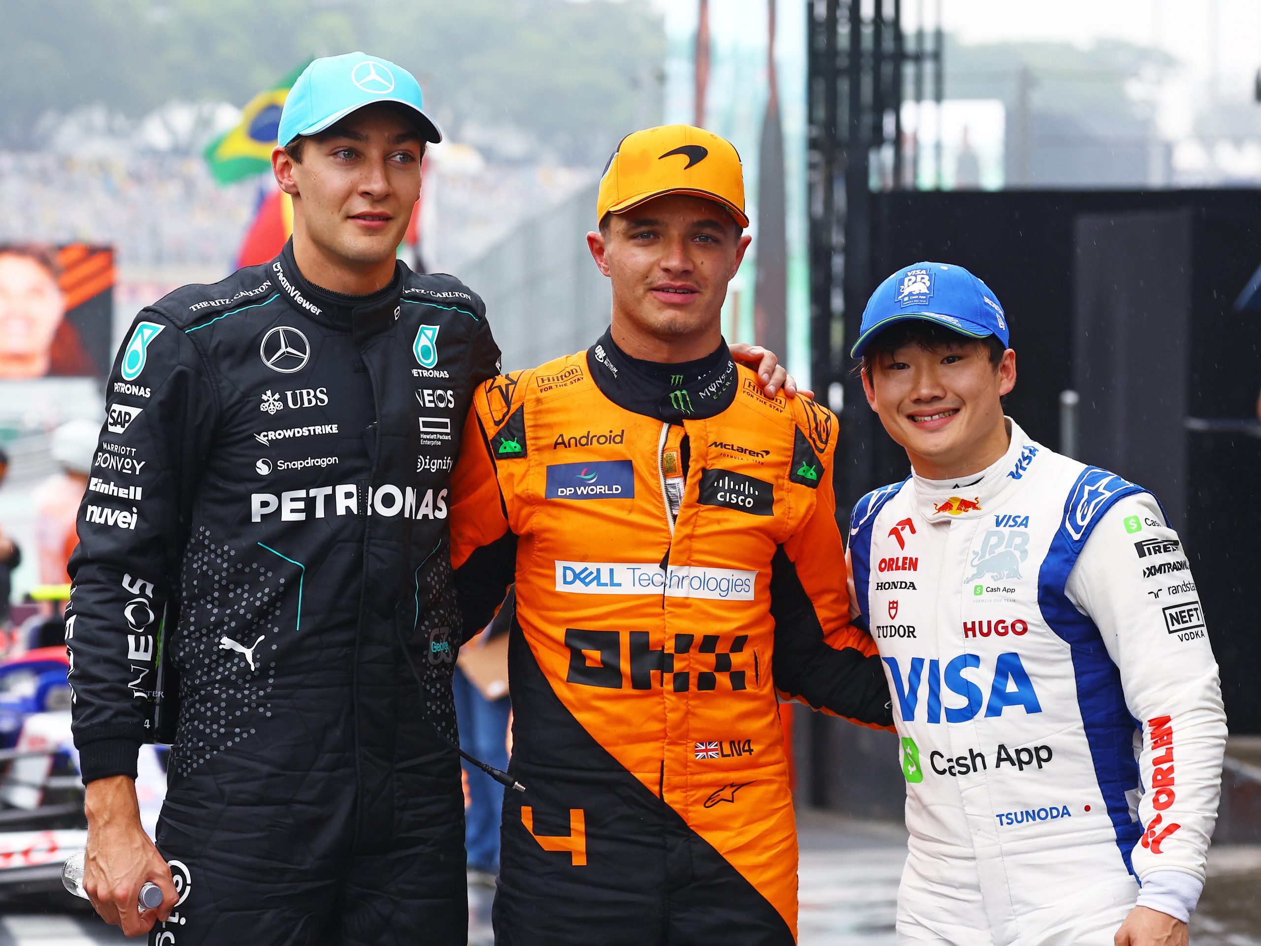 Le top 3 des Qualifications du Grand Prix du Brésil 2024. De gauche à droite : George Russell (Mercedes), Lando Norris (McLaren) et Yuki Tsunoda (VCARB) - ©️ Red Bull Content Pool