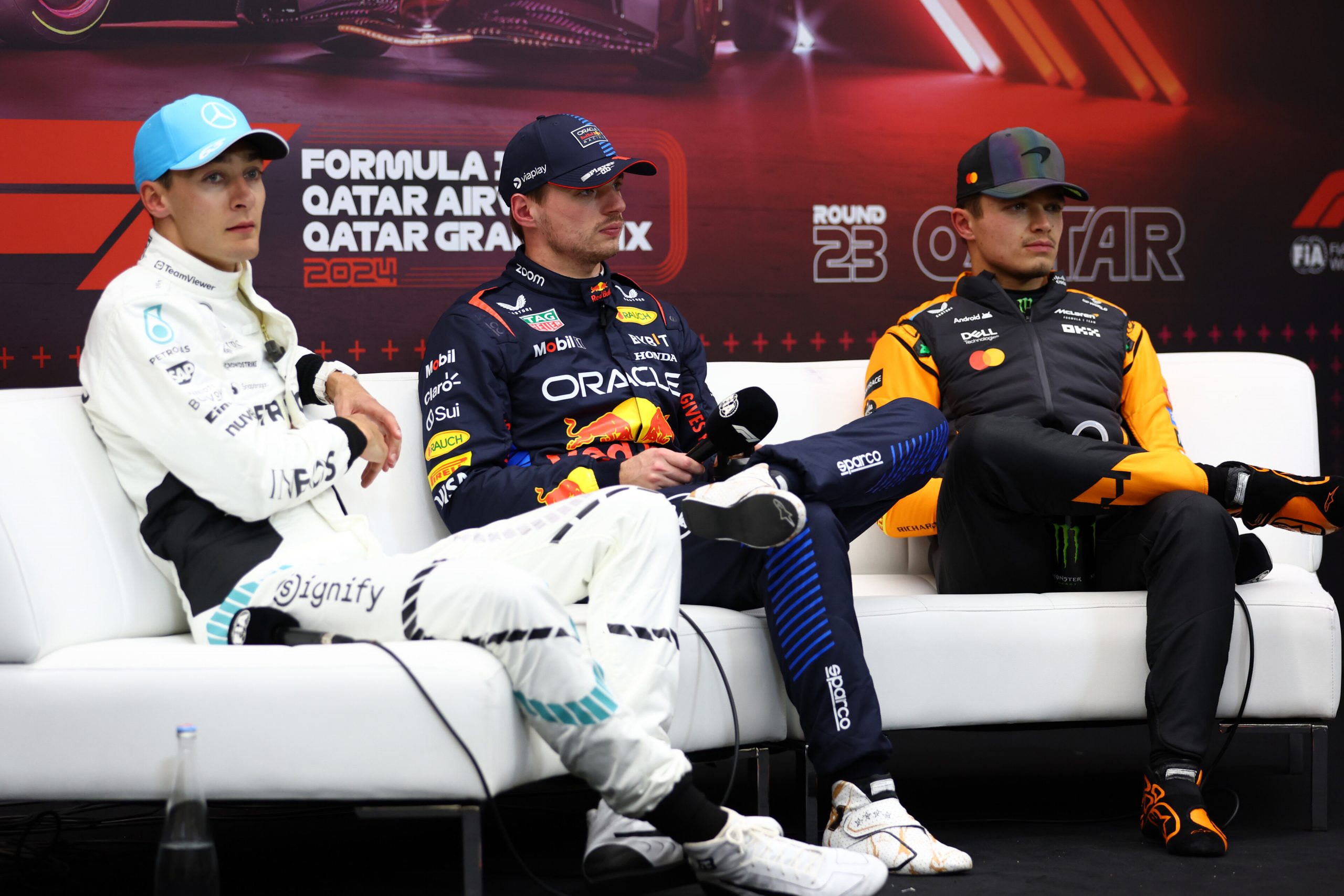 Le top 3 des Qualifications du Grand Prix du Qatar 2024. De gauche à droite : George Russell (Mercedes), Max Verstappen (Red Bull) et Lando Norris (McLaren) - ©️ Red Bull Content Pool