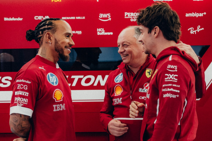 Lewis Hamilton, Fred Vasseur et Charles Leclerc - Ferrari