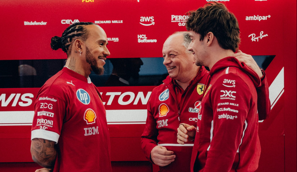 Lewis Hamilton, Fred Vasseur et Charles Leclerc - Ferrari