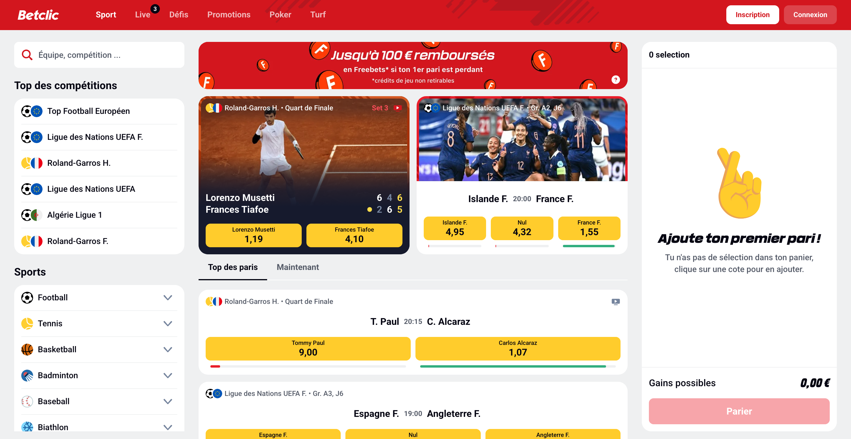 page des paris sportifs Betclic