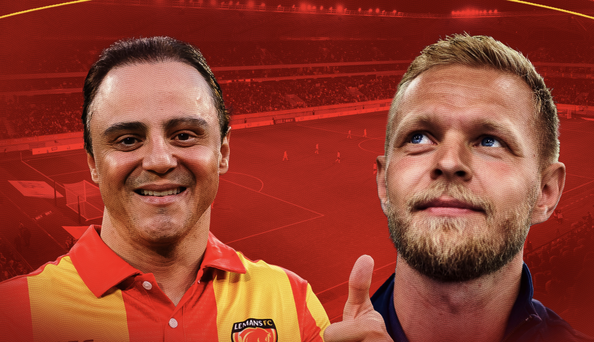 Kevin Magnussen et Felipe Massa au coup d’envoi du match Le Mans FC – Laval MFC